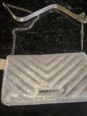 Aldo Metallic Silver Quilted Chevron Chain Clutch